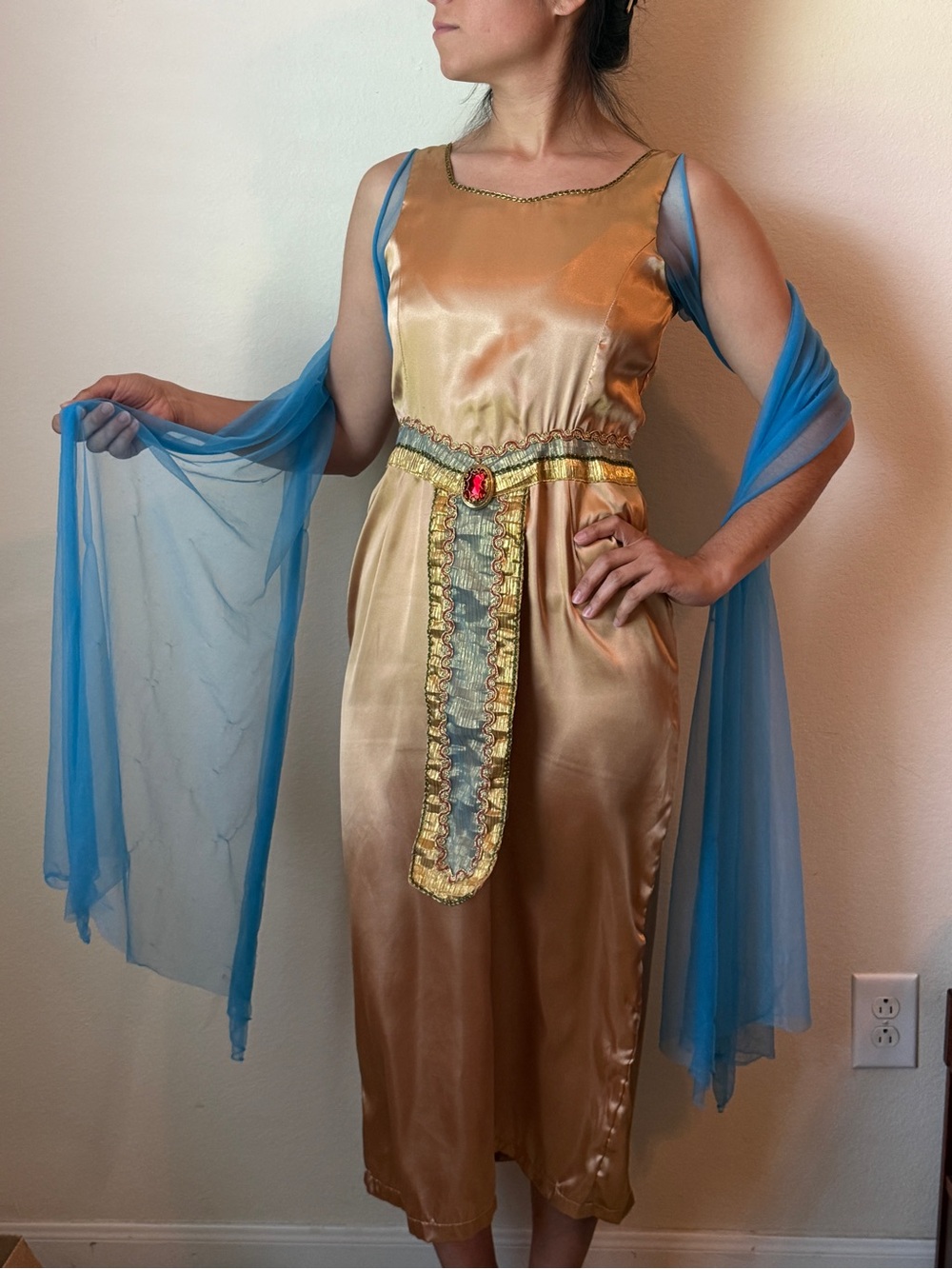 Secrets Cleopatra Costume Dress Gold Satin with Blue Sheer Shawl